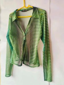Prettylittlething y2k gren&amp;black stripe mesh shirt