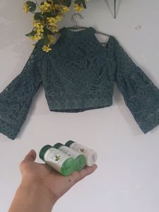 Elegant Cut Shoulder Green Embroidered Crop Top