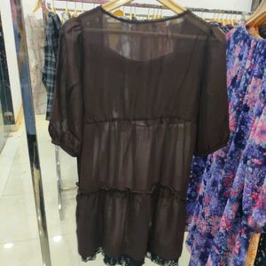 One Piece Brown Tiered Mini Dress,2_set
