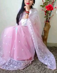 NewPink Embroidered Saree With White Blouse Piece
