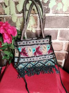 Embroidered Handbag with Moti Tassels