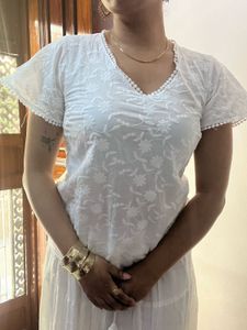 Half Sleeve White Short Kurti
