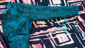 Teal Embroidered Blouse And Skirt Stich able
