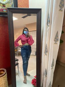 Sfront knot cropped pink with bell sleeves shirt