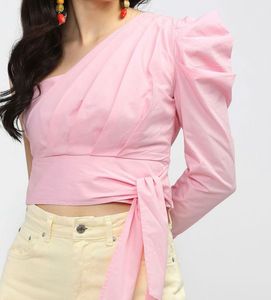 Pink One-Shoulder Puff Sleeve Crop Top