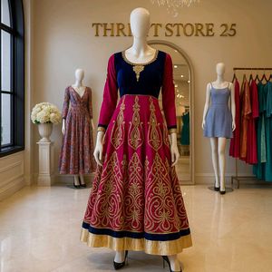 Elegant Embroidered Velvet-Trimmed Gown