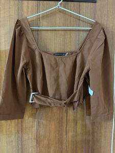 Brown Belted Crop Top