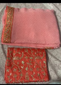Leheriya Peach Saree With Embroidered Blouse Piece