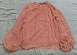 Peach Swiss Dot Balloon Sleeve Blouse