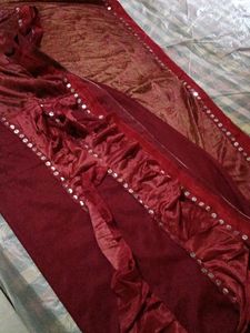 Maroon Frill Sari With Mirror Work