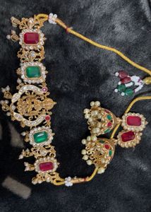 Gold Plated Elegant Lakshmi Devi green beads choke