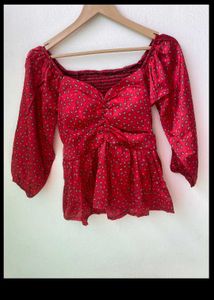 V Neck Red Floral Print Smoked Padded Top