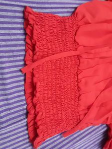 Red Smocked Peasant Top