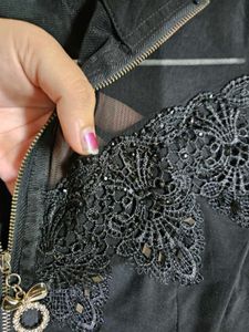 Black Zip-Up Dress with Floral Applique