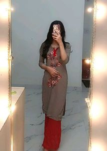Elegant Grey And Red Embroidered Kurta With Plazo