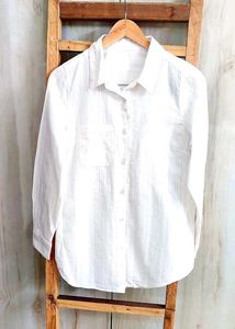 White Self Design Cotton Shirt Size-38