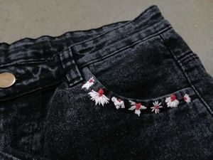 Black Straight Jeans With Hand Embroidery