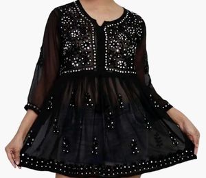Embriodered Luckhnowi Black Top Short Kurti Tunic