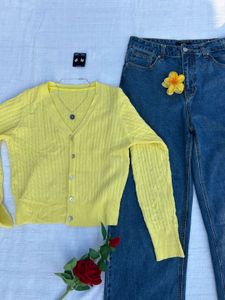 Outfit Set - Yellow Cardigan &amp; Wide Leg Jeans
