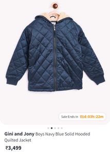 Gini & Jony Boys Navy Blue Solid Hooded Jacket