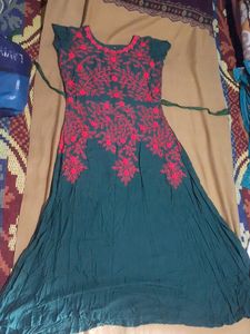 Seek Green Colored (XXL Size) Cotton Long Gown With Pink Embroidery Designs... Super Comfortable And Very Good Quality...No Flaws In It...