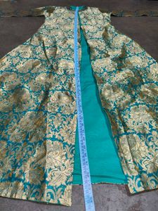 &#34;Women’s Golden Brocade Silk Long Ethnic Jacket