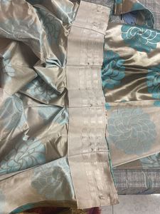 Printed Beige And Blue 2pc  Curtain Set