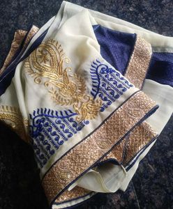 Blue And Cream Colour Saree