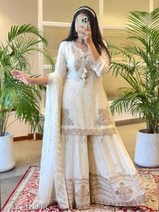 Elegant White &amp; Gold Embroidered Gharara Suit