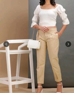 Pleated Beige Casual Pants