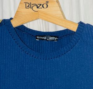 ZARA Collection Blue Ribbed Knit Tee Shirt