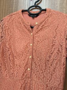 Coral Peach Lace Flare Dress With Half Sleeves
