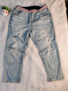 Sky Blue Distress Jeans With Elastic Waistband