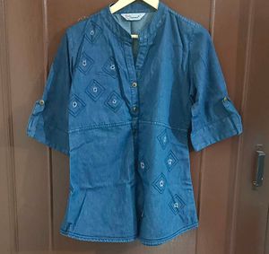 Denim Embroidered Top