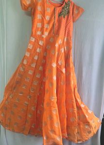 Orange Embroidered Gown + Leggings Duppata
