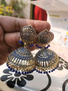 Blue &amp; Gold Jhumka Earrings