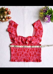 Pink Floral Ruffle Smocked Crop Top