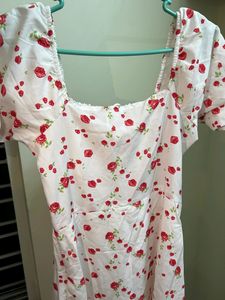 White_red Colour Flower Rose Printed Dress