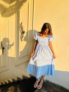 Blue Puff Sleeve Midi Dress