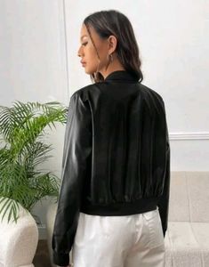 Collarless Faux leather jacket