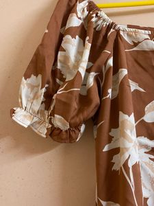 Brown And White Floral Print Tie Up Neck Dress