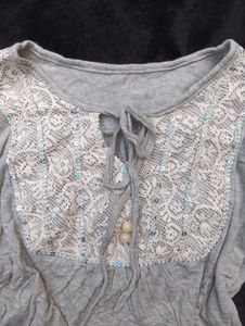 Gray Long Sleeve Lace Detail Top