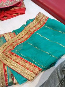 Teal &amp; Gold Embroidered Saree