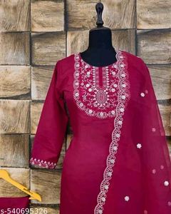 Maroon Embroidered Kurti Bottom And Dupatta Set