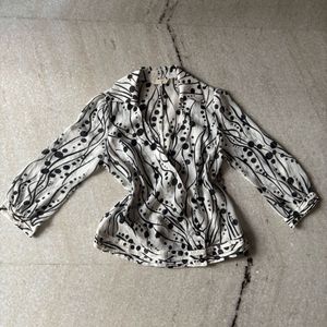 White & Black Swirl Dot Print Blouse – Sheer Style