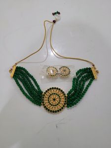 Green Beads Pearl Necklace Set with Earring