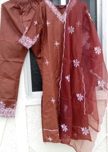 Brown Embroidered Kurta Set
