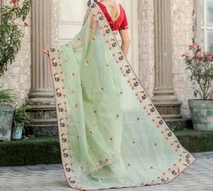 Embroided Organza Saree( Pista Green) With Bag
