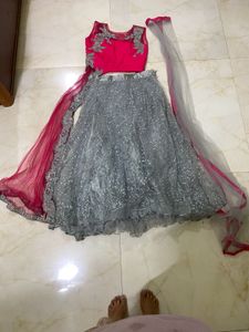 Pink &amp; Gray Embellished Lehenga Choli