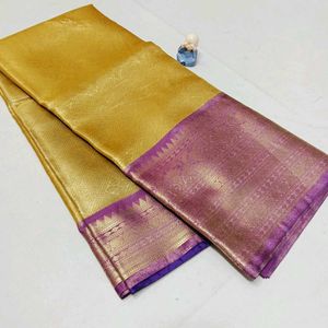 Elegant Golden Saree (New With Contrast Blouse)